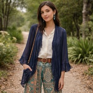 Young Threads Navy Sheer Embroidered Flowy Cardigan